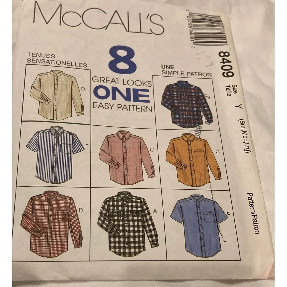 McCall's 8409 Men's Shirt Sewing Pattern Size S-M-L Button Down Band Collar 1996